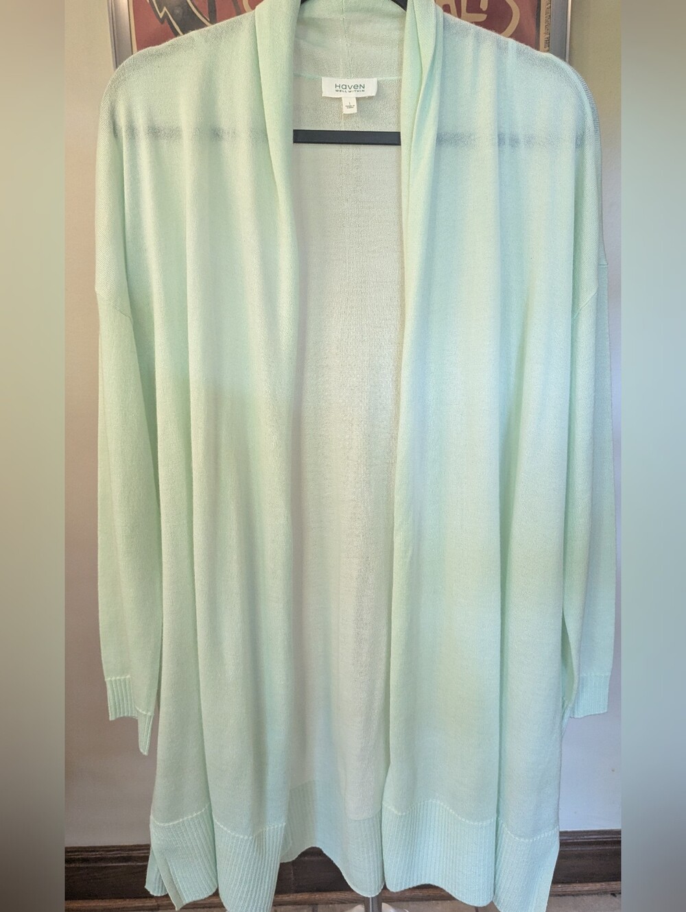 $85 Haven Well Within Size L 100% Cashmere Open Draped Cardigan Mint Green EUC